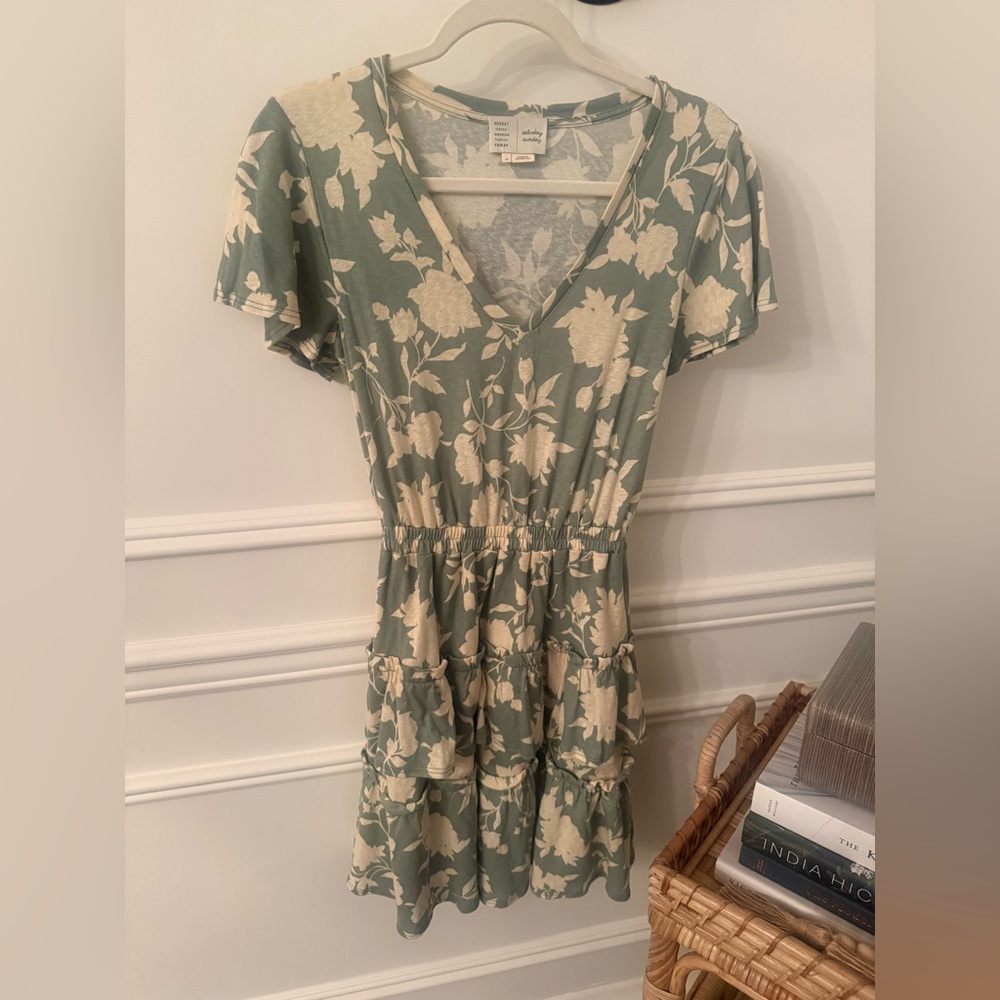 Floral V-Neck Tiered Mini Dress in Sage & Cream (Anthropologie)